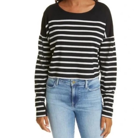La Ligne Women's Size L Stripe Puff Sleeve Crop Cotton Top T-Shirt White/black